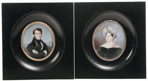 Coppia di miniature con ritratto maschile e femminile, XIX secolo