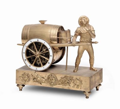 Pendola da Tavolo in Bronzo Dorato con Figura Maschile e Botte, Francia XIX Secolo