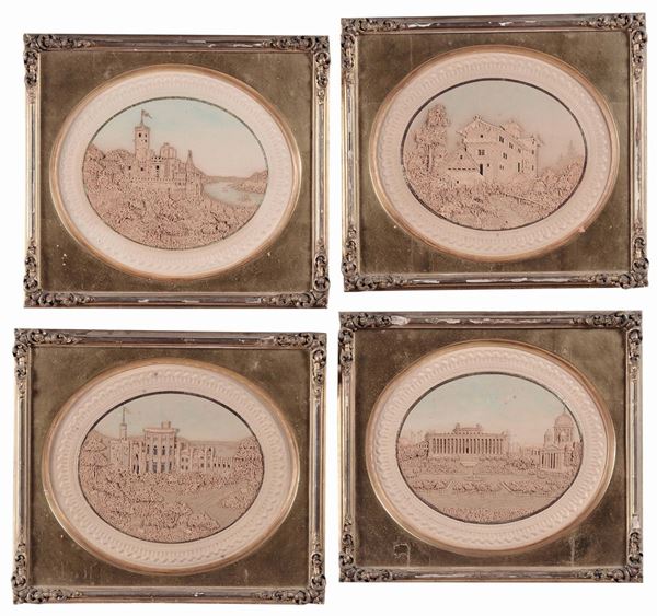 Quattro bassorilievi in sughero con architetture, XVIII-XIX secolo