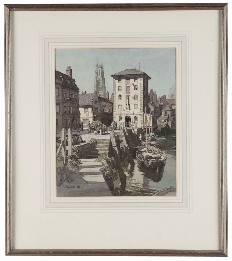 Leonard Russel Squirrell (1893-1979) Veduta cittadina con canale, 1954  - Auction Fine Arts from refined private house - Cambi Casa d'Aste