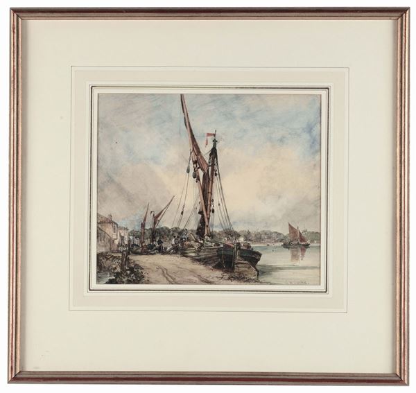 Edward William Cooke (1811-1880) Veduta costiera con velieri