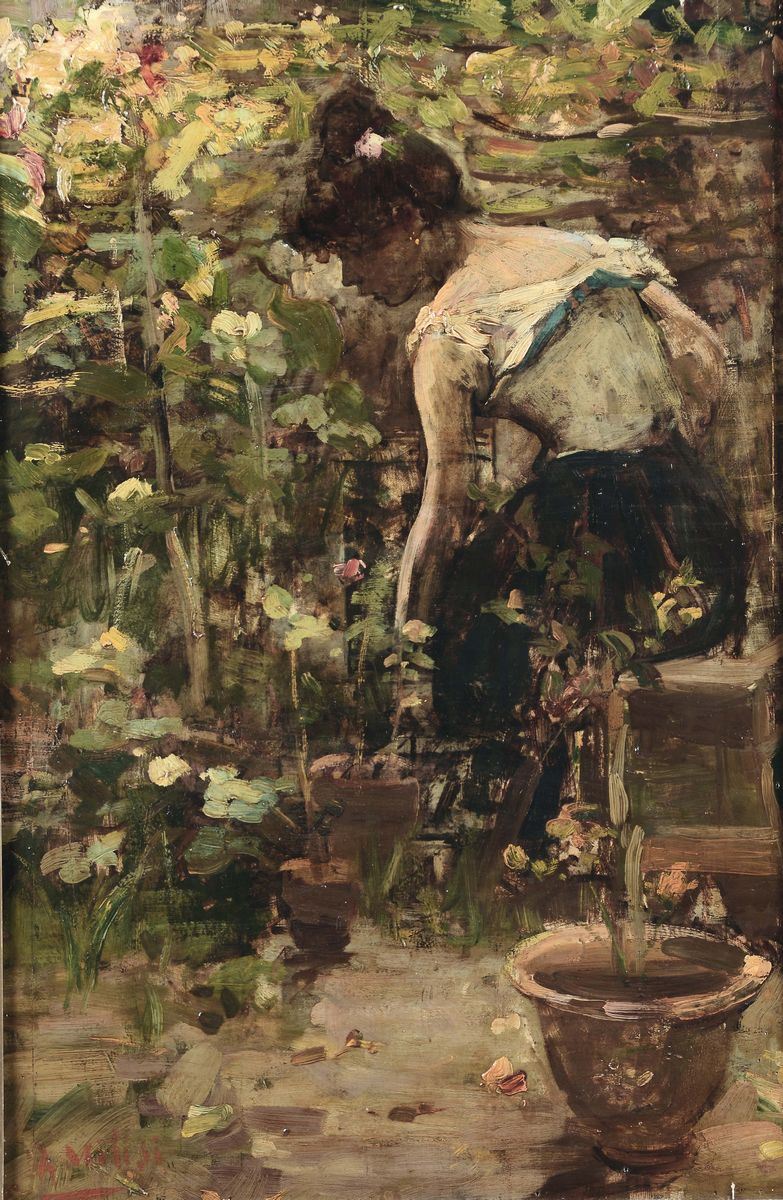 Alessandro Milesi (Venezia 1856-1945) Ragazza tra i fiori  - Asta Dipinti del XIX e XX secolo - Cambi Casa d'Aste