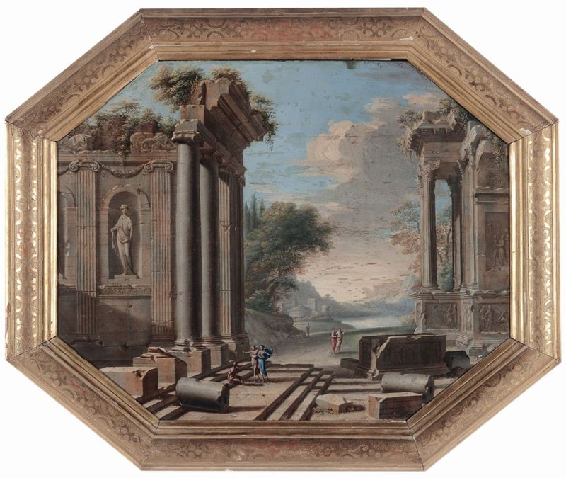 Scuola Emiliana del XVIII secolo Paesaggio con rovine  - Asta Dipinti Antichi - Cambi Casa d'Aste