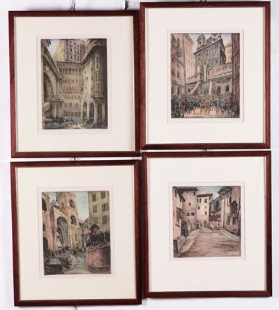 Quattro Litografie a Colori con Vedute di Genova