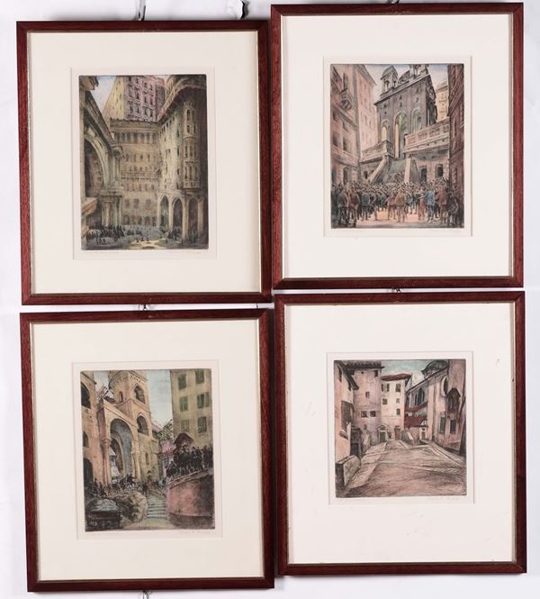 Quattro litografie a colori con vedute di Genova