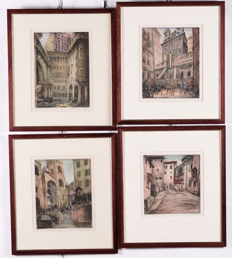 Quattro litografie a colori con vedute di Genova  - Asta Antiquariato, Affidamenti da raffinate dimore private - Cambi Casa d'Aste