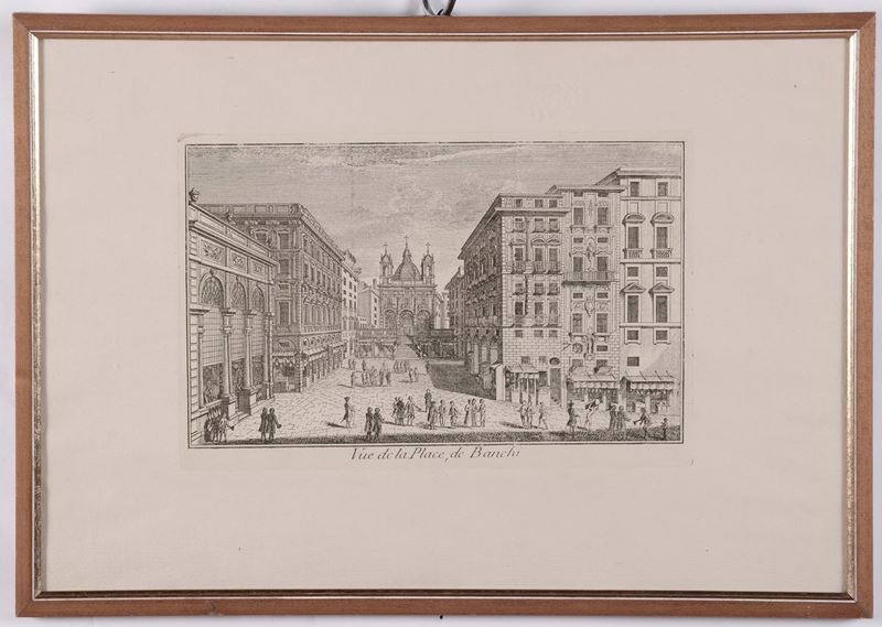 Incisione raffigurante Piazza Banchi a Genova, XIX secolo  - Auction Fine Arts from refined private house - Cambi Casa d'Aste