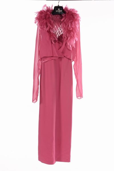 Gai Mattiolo, Abito Lungo Fiamma Senza Maniche Giacca di Seta Chiffon con Piume