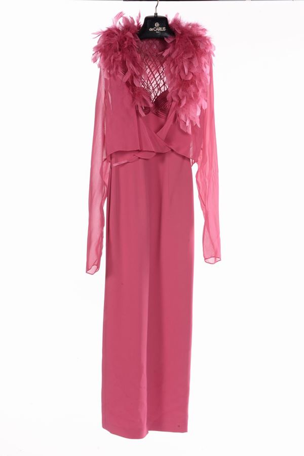 Gai mattiolo, abito lungo fiamma senza maniche giacca di seta chiffon con piume