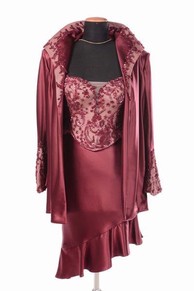 Kryszynskaya, Couture Abito da Sera Bordeaux, Corpetto Gonna Giacca
