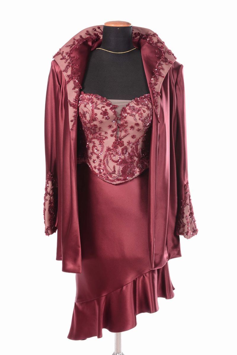 Kryszynskaya, couture abito da sera bordeaux, corpetto gonna giacca  - Asta Antiquariato, Affidamenti da raffinate dimore private - Cambi Casa d'Aste