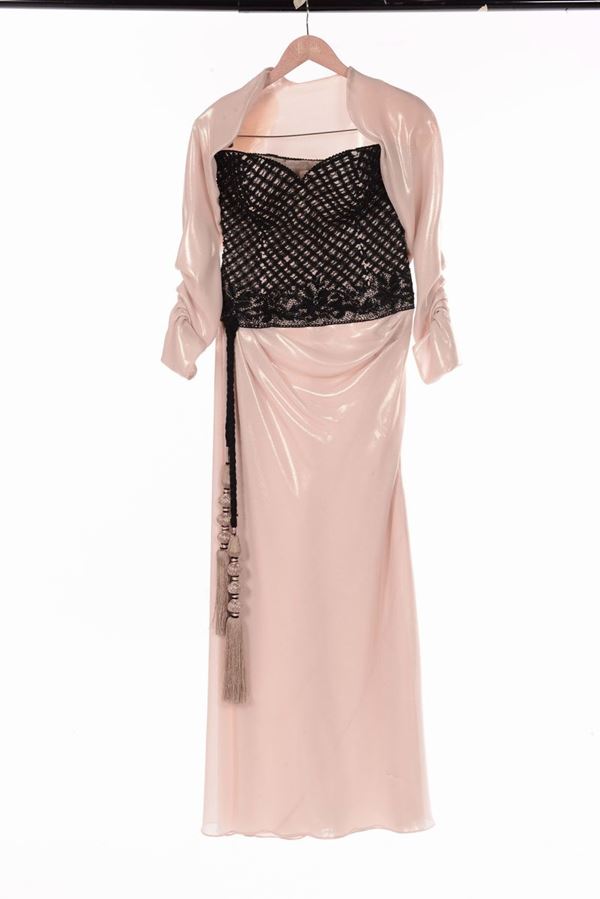 Kryszynskaya, couture abito da sera lungo corpetto nero gonna seta oro giacca