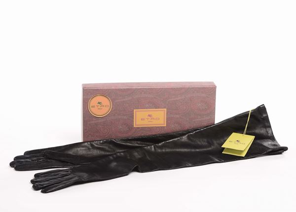 Etro, guanti lunghi in pelle nera con scatola originale