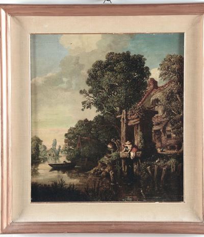 Leon Legat (1829-?)paesaggio Fluviale con Pescatore