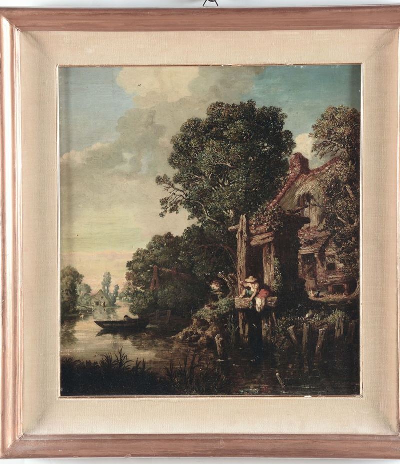 Leon Legat (1829-?) Paesaggio fluviale con pescatore  - Asta Dipinti del XIX e XX secolo - Cambi Casa d'Aste
