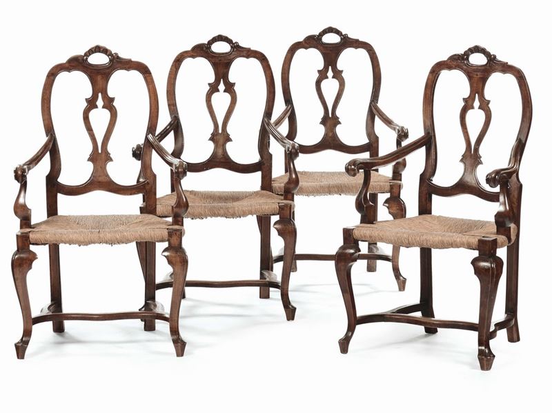 Quattro poltroncine Luigi XV in noce, Veneto XVIII secolo  - Asta Antiquariato, Affidamenti da raffinate dimore private - Cambi Casa d'Aste