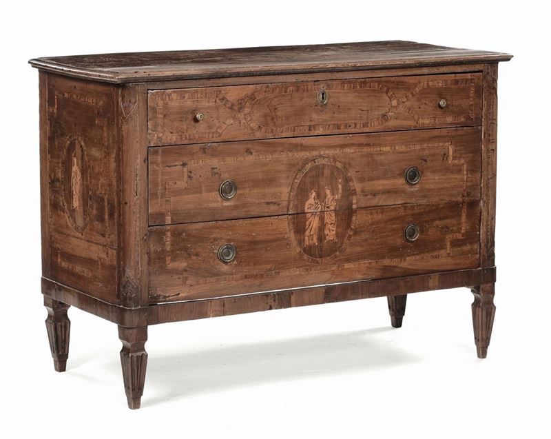 Cassettone in legno intarsiato e filettato, XVIII-XIX secolo  - Auction Fine Arts from refined private house - Cambi Casa d'Aste
