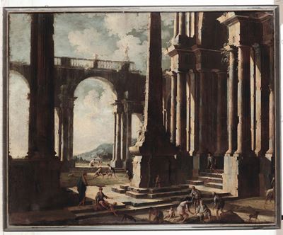Leonardo Coccorante (napoli 1680-1750)capriccio con Architetture e Personaggi