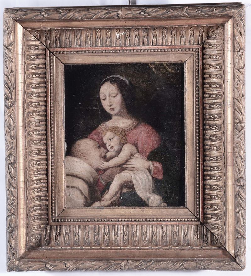 Scuola del XVII secolo Madonna con Bambino e Santo  - Asta Dipinti Antichi - Cambi Casa d'Aste