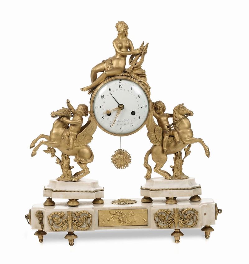 Orologio in bronzo dorato e marmo, Grebert a Paris, fine XVIII secolo  - Auction Fine Arts from refined private house - Cambi Casa d'Aste