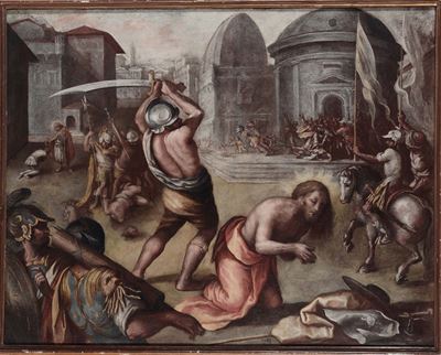 Scuola Romana del XVII Secolodecapitazione di Santo con Figure