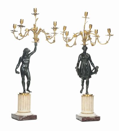 Coppia di Candelabri in Bronzo Dorato con Figure, Roma Fine XVIII Secolo