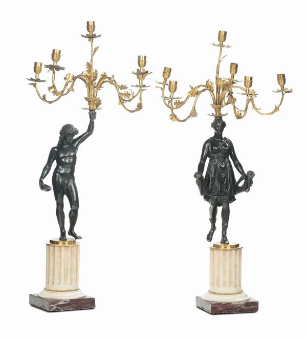 Coppia di candelabri in bronzo dorato con figure, Roma fine XVIII secolo