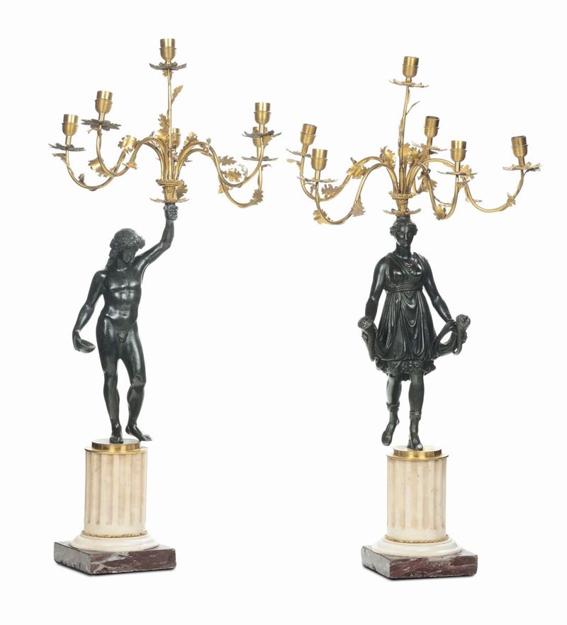 Coppia di candelabri in bronzo dorato con figure, Roma fine XVIII secolo  - Asta Antiquariato, Affidamenti da raffinate dimore private - Cambi Casa d'Aste