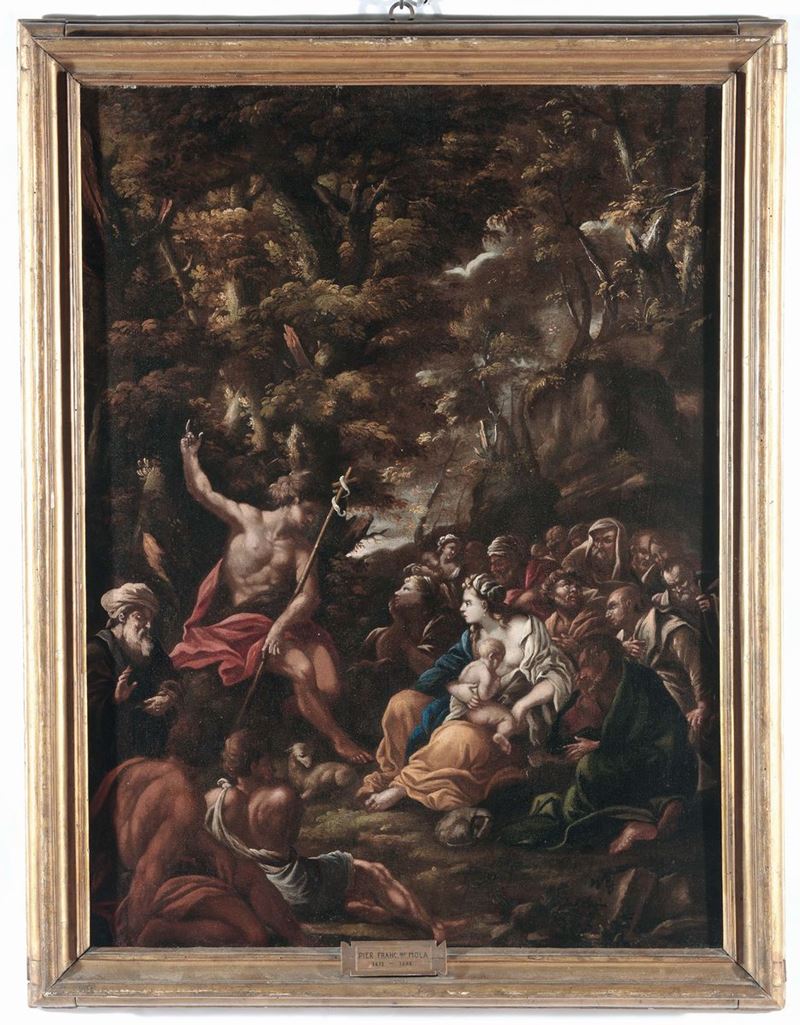 Scuola Romana del XVII secolo San Giovanni Battista con figure  - Auction Old Masters Paintings - Cambi Casa d'Aste