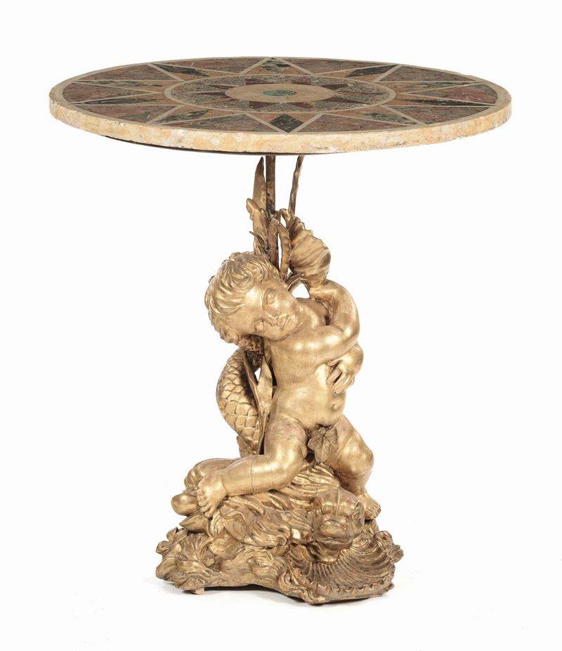 Tavolo in legno intagliato e dorato con piano in scagliola, XVIII secolo  - Auction Fine Arts from refined private house - Cambi Casa d'Aste