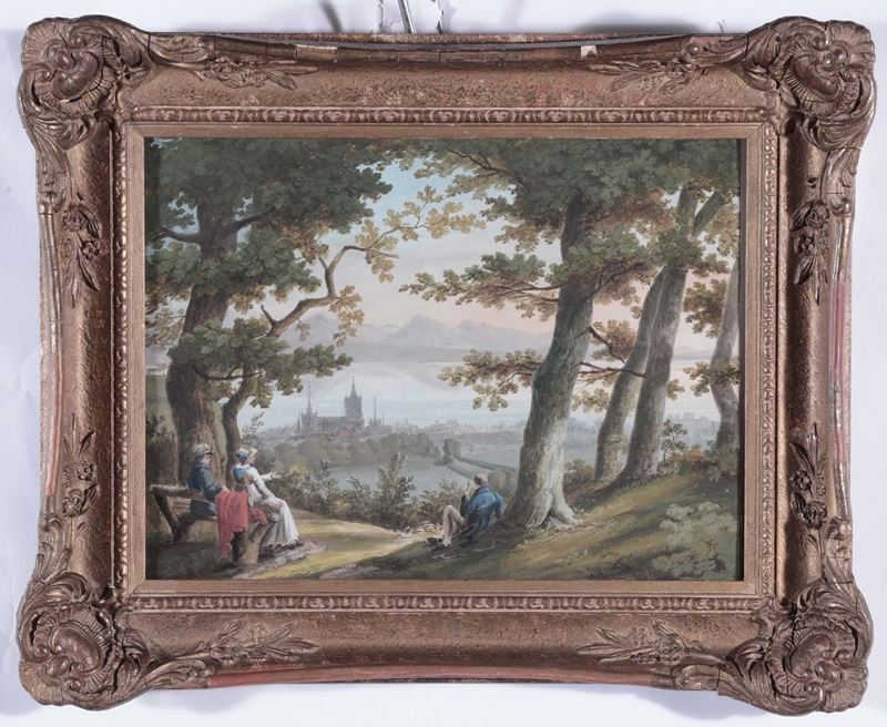 Anonimo del XIX secolo Personaggi nel parco con città sullo sfondo  - Auction Fine Arts from refined private house - Cambi Casa d'Aste