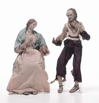 Coppia di Statuine da Presepe Raffiguranti Madonna e San Giuseppe, Napoli XIX Secolo