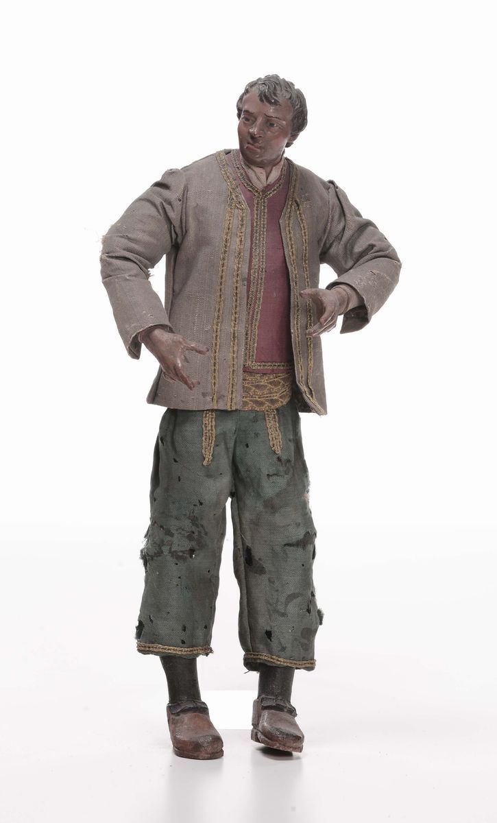 Statuina da presepe raffigurante figura maschile con pantaloni azzurri, Napoli fine XIX secolo  - Auction Fine Arts from refined private house - Cambi Casa d'Aste