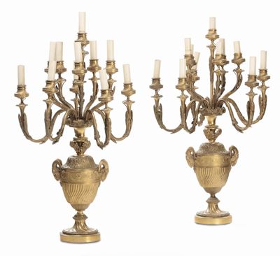 Coppia di Candelabri in Bronzo Dorato a Undici Luci, XIX Secolo