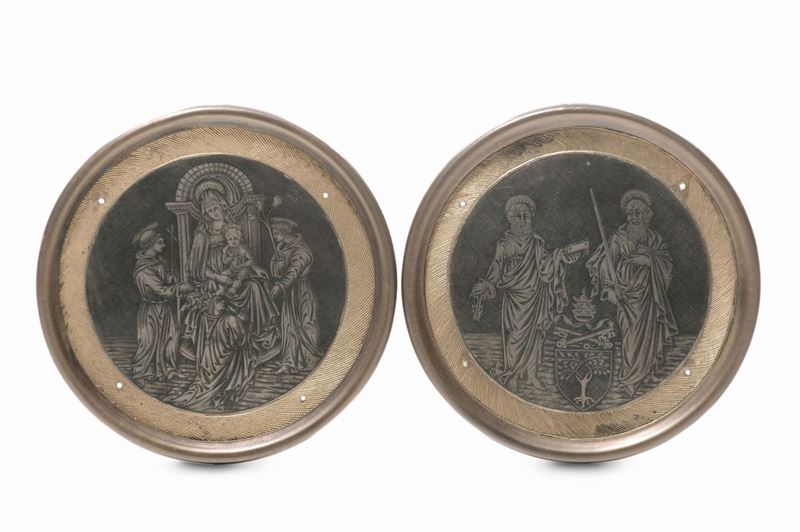Coppia di placche circolari in niello inciso, Orafo rinascimentale del nord Italia  - Auction Fine Art Selection - II - Cambi Casa d'Aste