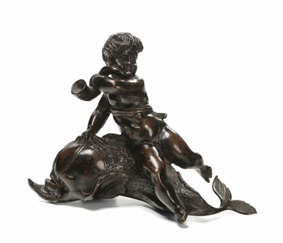 Scultura in Bronzo Fuso e Cesellato Raffigurante Fanciullo che Cavalca Delfino, Bronzista D’oltra...