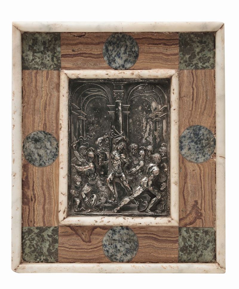 Placca in argento fuso e cesellato raffigurante Flagellazione, probabile XVI secolo, da Moderno  - Asta Fine Art Selection - II - Cambi Casa d'Aste