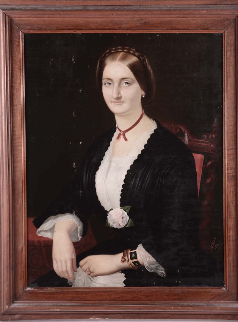 Gabriele Castagnola : Ritratto di Donna con peonia, 1855  - Asta Dipinti del XIX-XX secolo - Cambi Casa d'Aste
