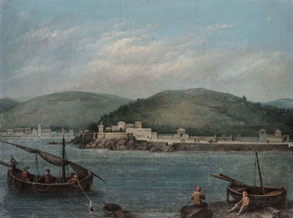 Anonimo del XIX secolo Paesaggio lacustre Paesaggio lacustre con barche di pescatori