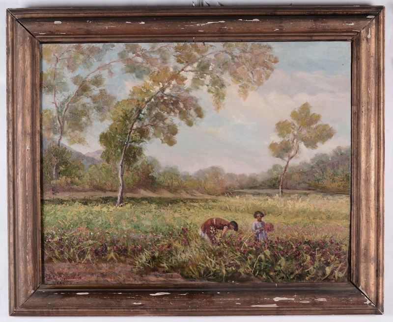 Anonimo del XIX secolo Paesaggio fiorito con personaggi  - Asta Antiquariato, Affidamenti da raffinate dimore private - Cambi Casa d'Aste