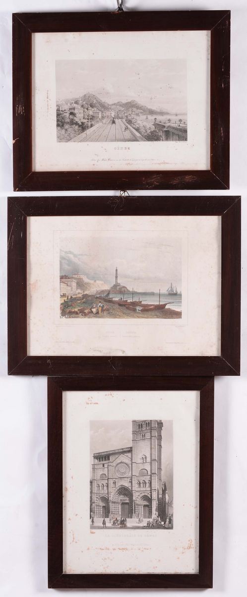 Lotto di quattro incisioni raffiguranti Genova, XIX secolo