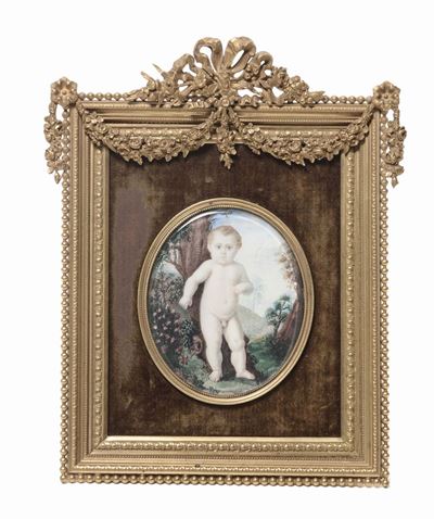 Miniatura Ovale su Avorio Entro Cornice in Bronzo Dorato, Francia XIX Secolo