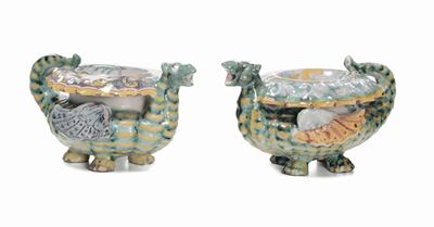Coppia di Saliere in Maiolica a Guisa di Dragoni, Deruta XVII Secolo