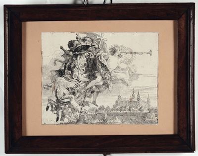 Incisione Raffigurante Angelo con Tromba e Stemma, XVIII Secolo