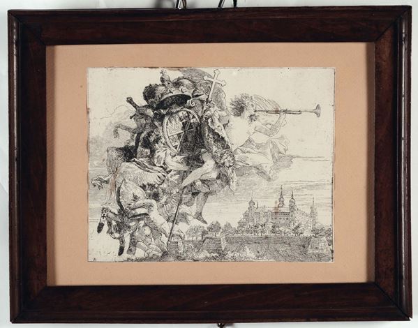Incisione raffigurante angelo con tromba e stemma, XVIII secolo