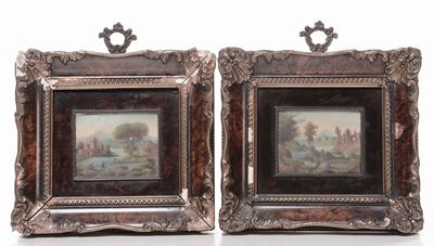 Coppia di Miniature Raffiguranti Paesaggi Fluviali, XX Secolo