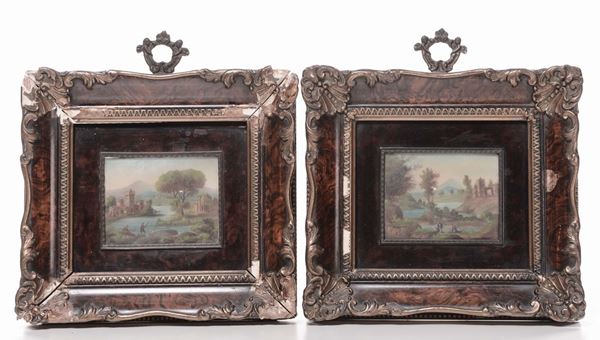 Coppia di miniature raffiguranti paesaggi fluviali, XX secolo