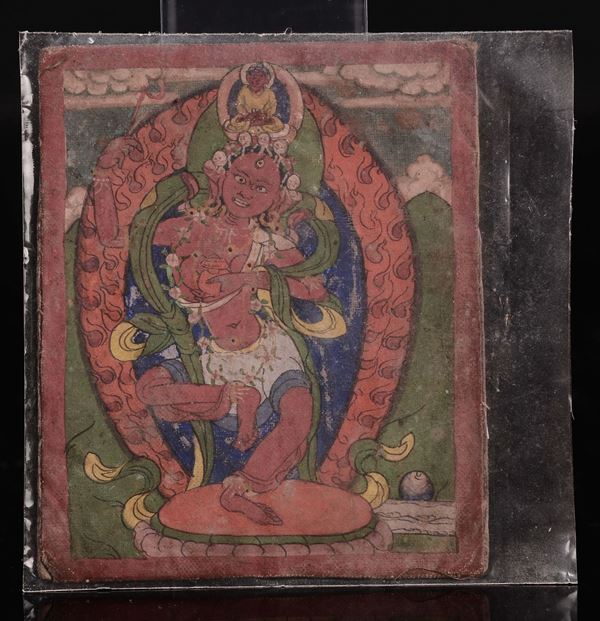 Piccolo dipinto con scritta in sanscrito sul retro raffigurante divinità Ma Cing, Tibet, XIX secolo