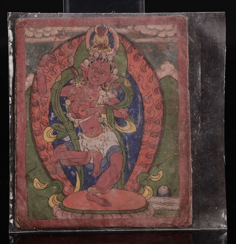 Piccolo dipinto con scritta in sanscrito sul retro raffigurante divinità Ma Cing, Tibet, XIX secolo  - Asta Chinese Works of Art - Cambi Casa d'Aste