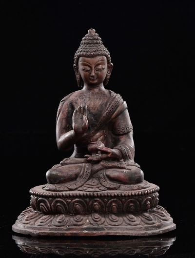 Buddha in Rame Seduto su Fiore di Loto, Tibet, XIX Secolo